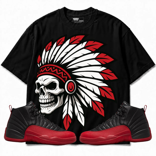 Rebranded Studios Chief 2.0 Air Jordan 12 Flu Game Black shirt — front with sneakers