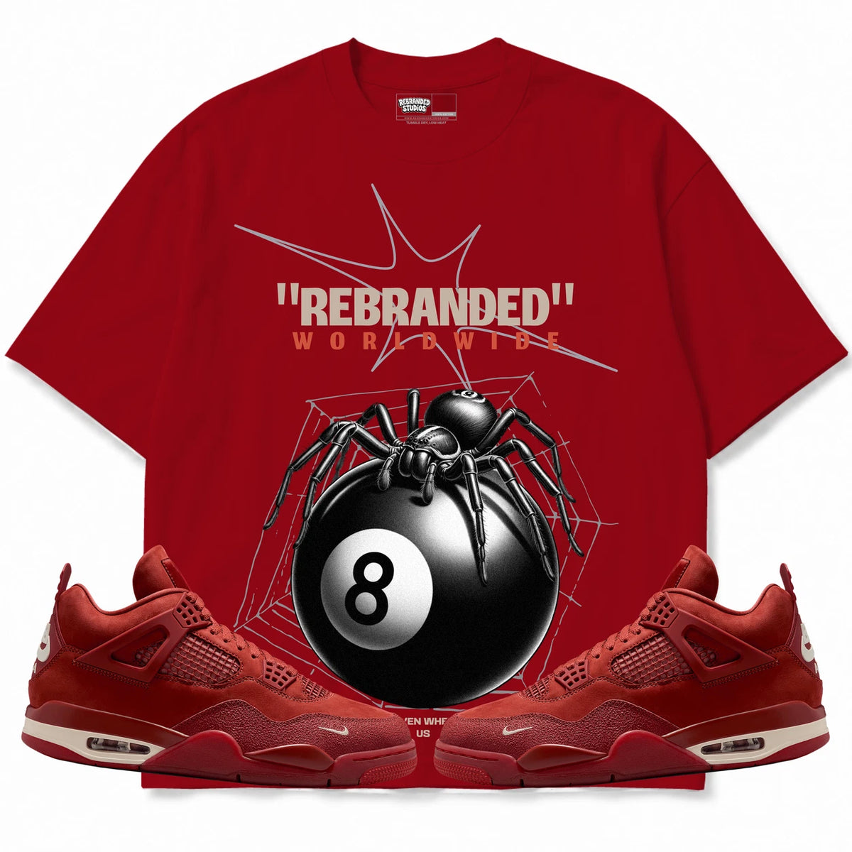 Rebranded Studios Spider Air Jordan 4 Brick By Brick red shirt — front with sneakers