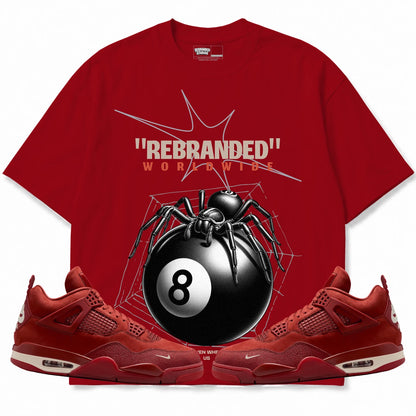 Rebranded Studios Spider Air Jordan 4 Brick By Brick red shirt — front with sneakers
