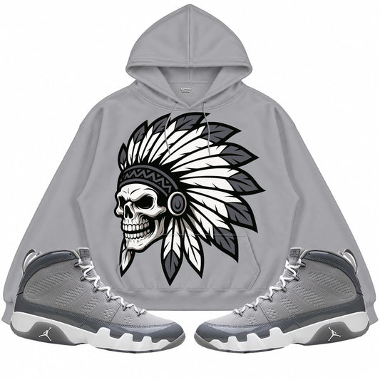 Rebranded Studios Chief 2.0 Air Jordan 9 Cool Grey light gray hoodie — front with sneakers