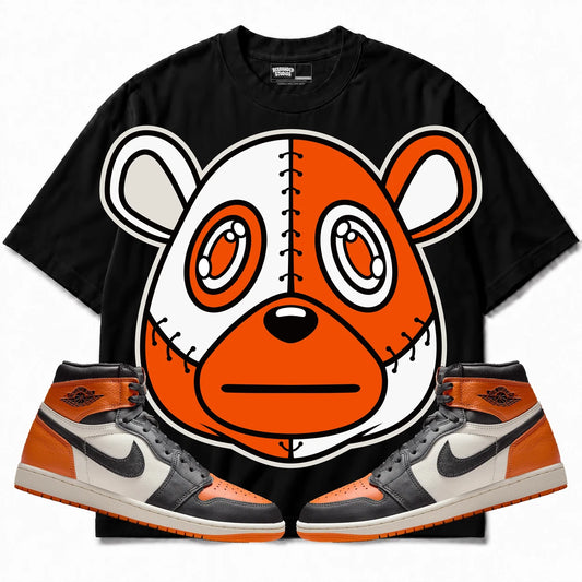 Rebranded Studios Rebranded Bear Air Jordan 1 Shattered Backboard Black shirt — front with sneakers