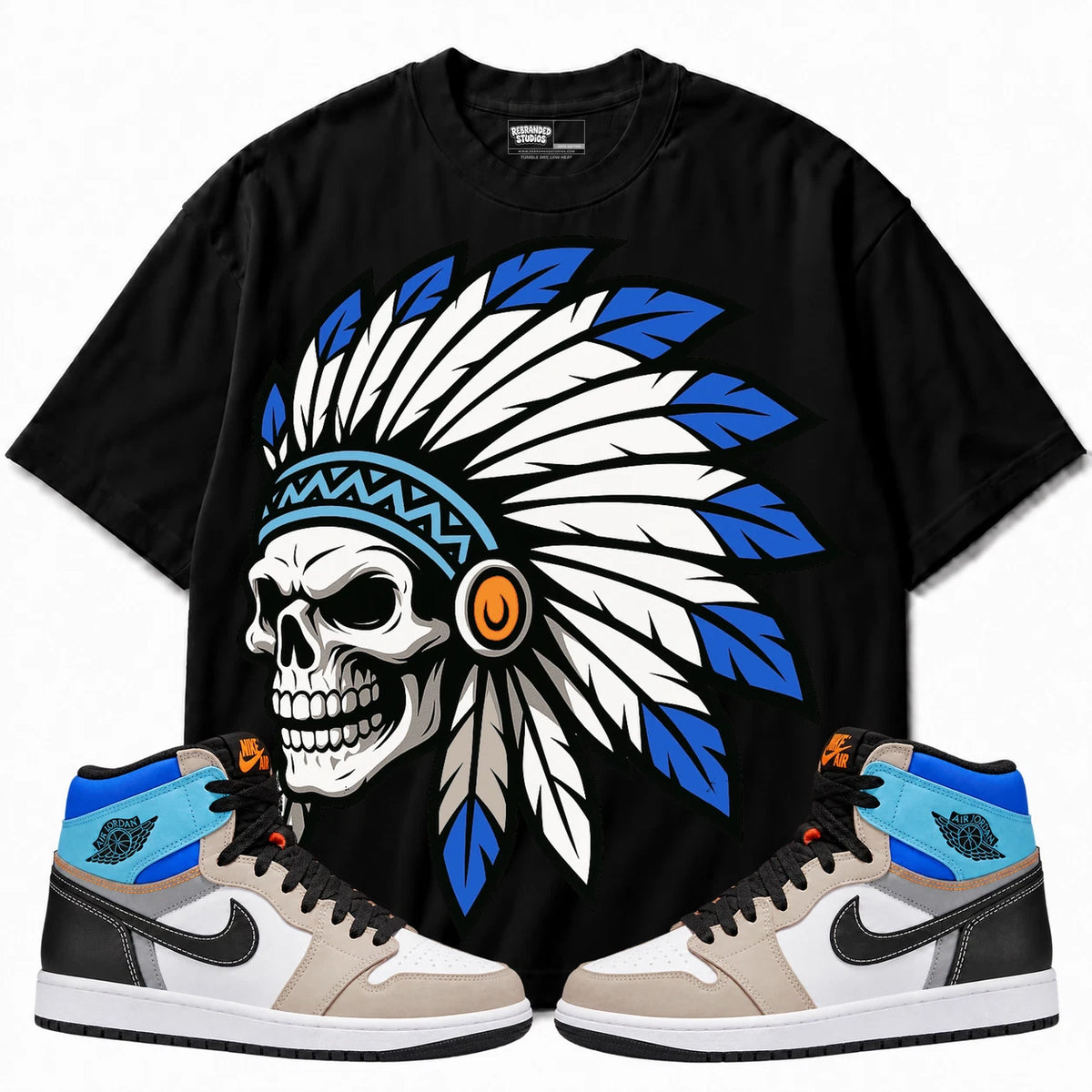 Rebranded Studios Chief 2.0 Air Jordan Retro 1 Prototype Black shirt — front with sneakers