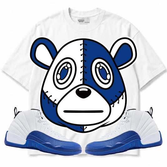Rebranded Studios Rebranded Bear Air Jordan 12 Blueberry Collection white shirt — front with sneakers