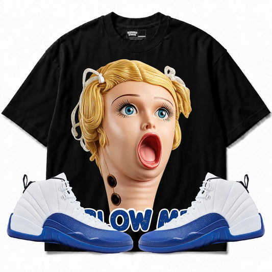 Rebranded Studios Blow Me Air Jordan 12 Blueberry Black shirt — front with sneakers
