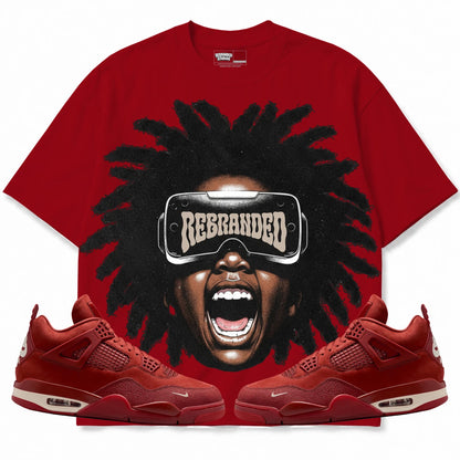 Rebranded Studios A Look Into The Future Air Jordan 4 Brick By Brick red shirt — front with sneakers