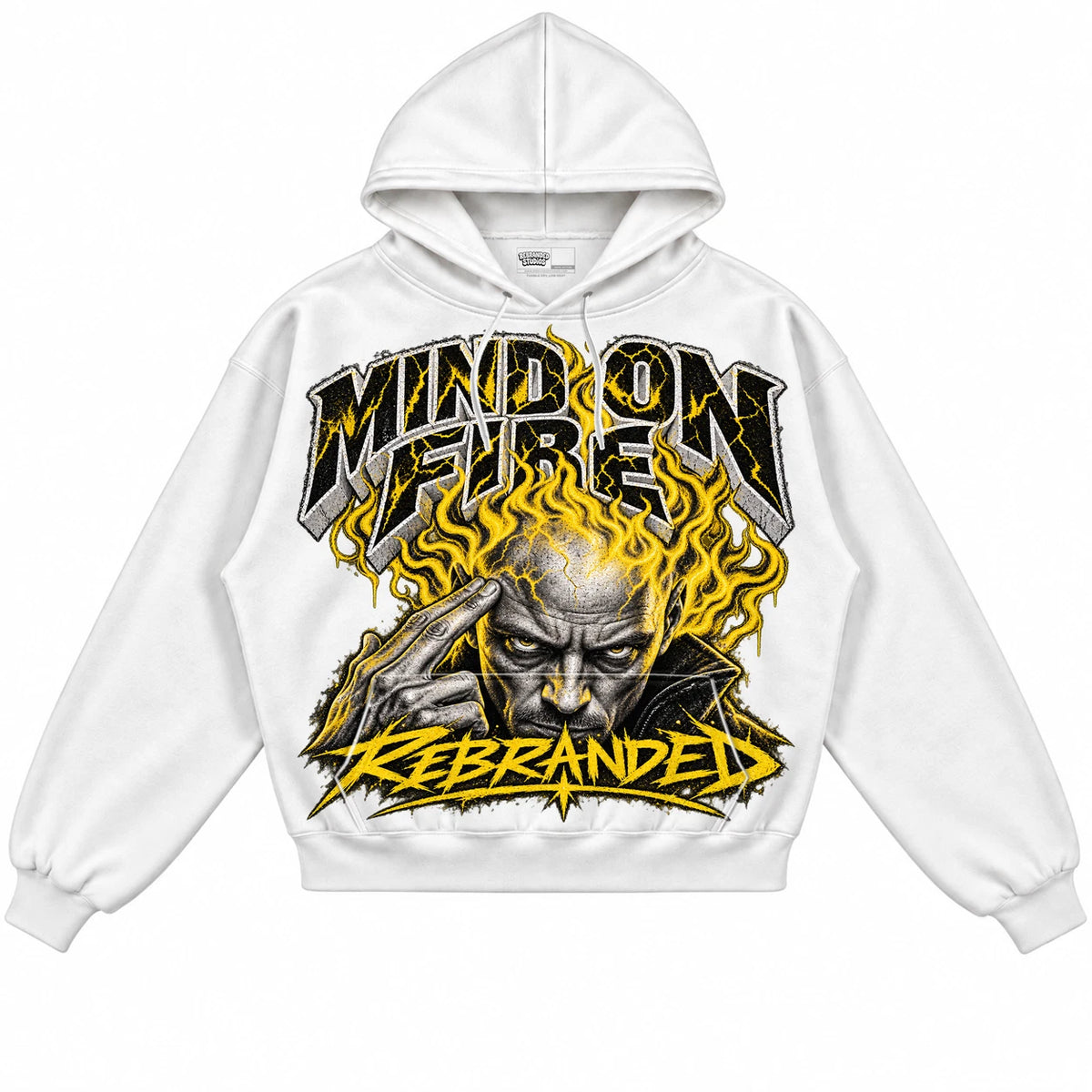 Rebranded Studios Mind on Fire Air Jordan 4 Tour Yellow Collection white hoodie — front