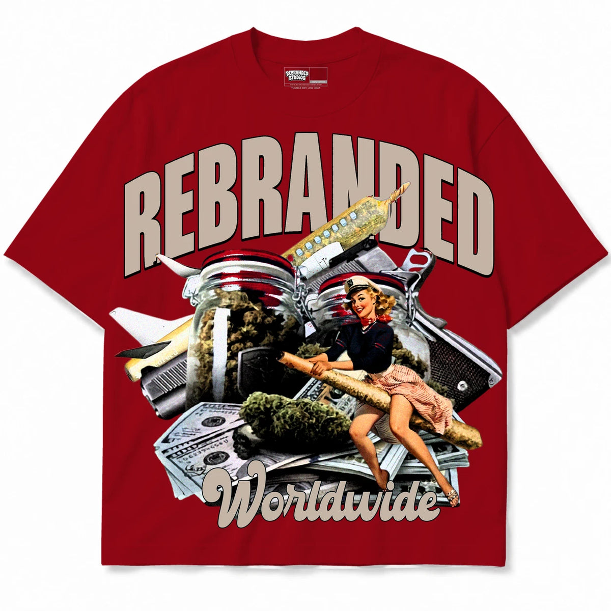 Rebranded Studios Worldwide Pinup Air Jordan 4 Brick By Brick red shirt — front