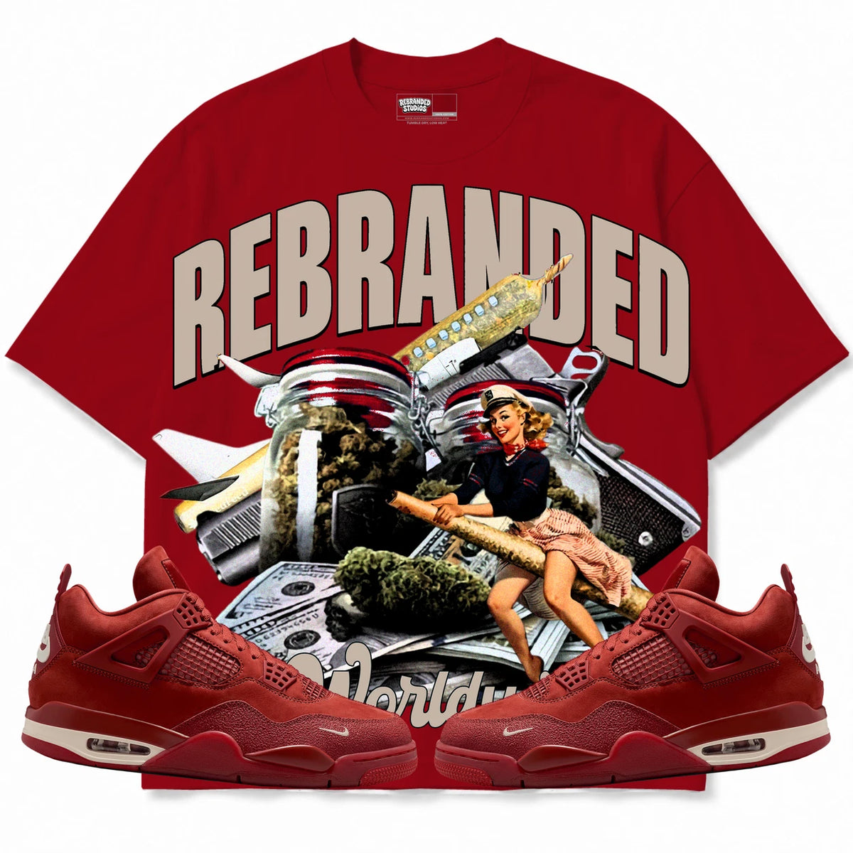 Rebranded Studios Worldwide Pinup Air Jordan 4 Brick By Brick red shirt — front with sneakers