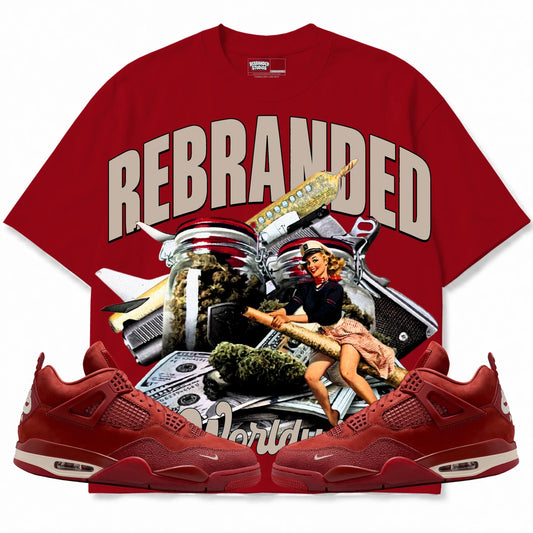 Rebranded Studios Worldwide Pinup Air Jordan 4 Brick By Brick red shirt — front with sneakers