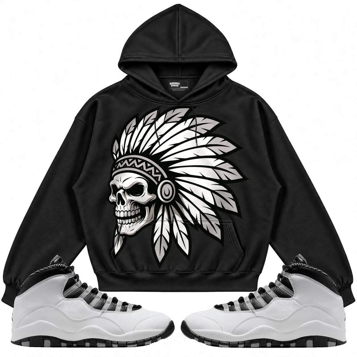 Rebranded Studios Chief 2.0 Air Jordan 10 Steel Black hoodie — front with sneakers