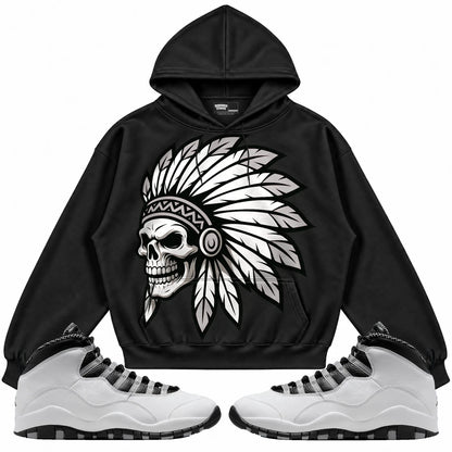 Rebranded Studios Chief 2.0 Air Jordan 10 Steel Black hoodie — front with sneakers