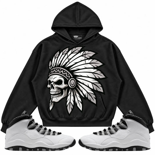 Rebranded Studios Chief 2.0 Air Jordan 10 Steel Black hoodie — front with sneakers