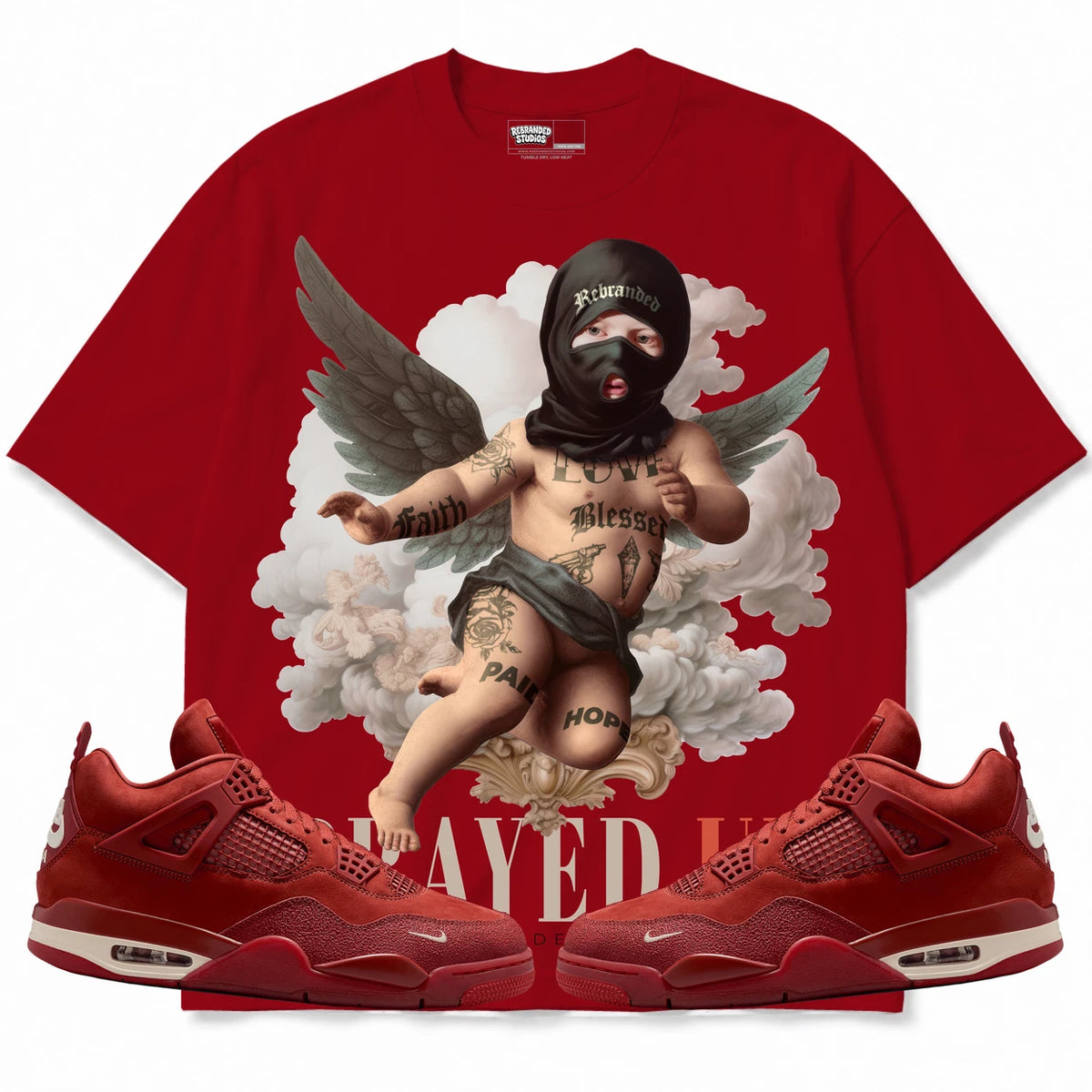 Rebranded Studios Prayed Up Air Jordan 4 Brick By Brick red shirt — front with sneakers