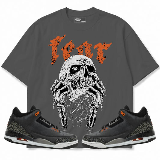 Rebranded Studios Fear Air Jordan 3 Fear Collection charcoal gray shirt — front with sneakers