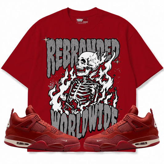 Rebranded Studios Worldwide Flame Skeleton Air Jordan 4 Brick By Brick red shirt — front with sneakers