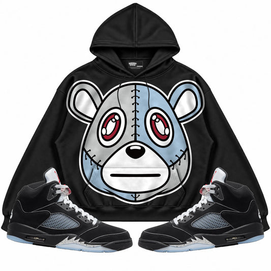 Rebranded Studios Rebranded Bear Air Jordan 5 Black Metallic Reimagined Black hoodie — front with sneakers