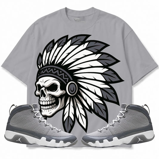 Rebranded Studios Chief 2.0 Air Jordan 9 Cool Grey light gray shirt — front with sneakers