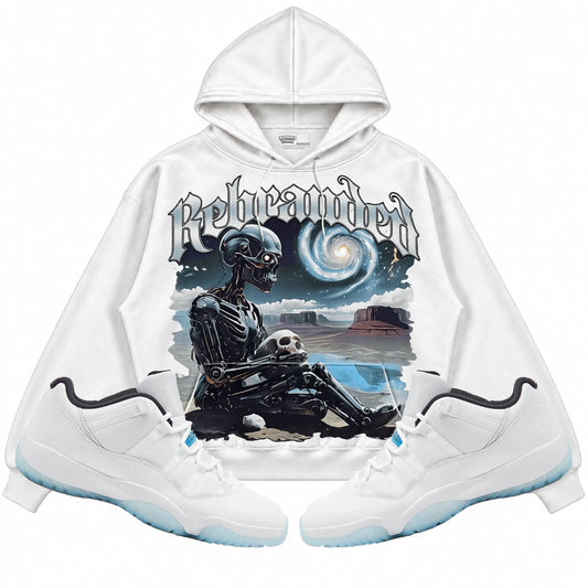 Rebranded Studios Rebranded Future Air Jordan 11 Legend Blue White hoodie — front with sneakers