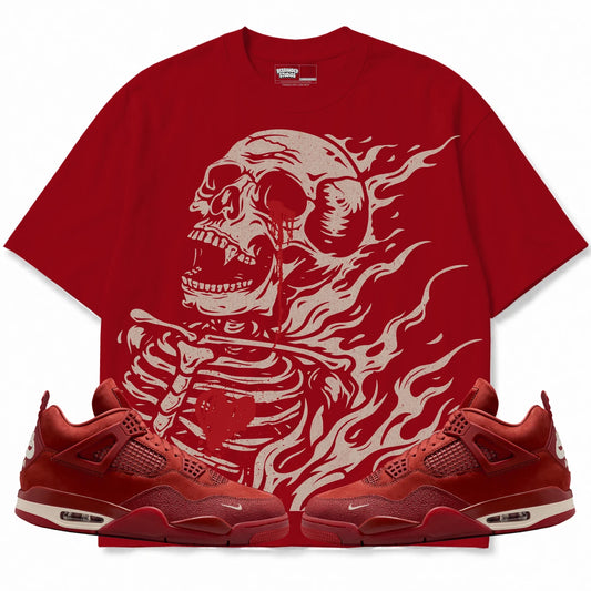 Rebranded Studios Club 2.0 Air Jordan 4 Brick By Brick red shirt — front with sneakers