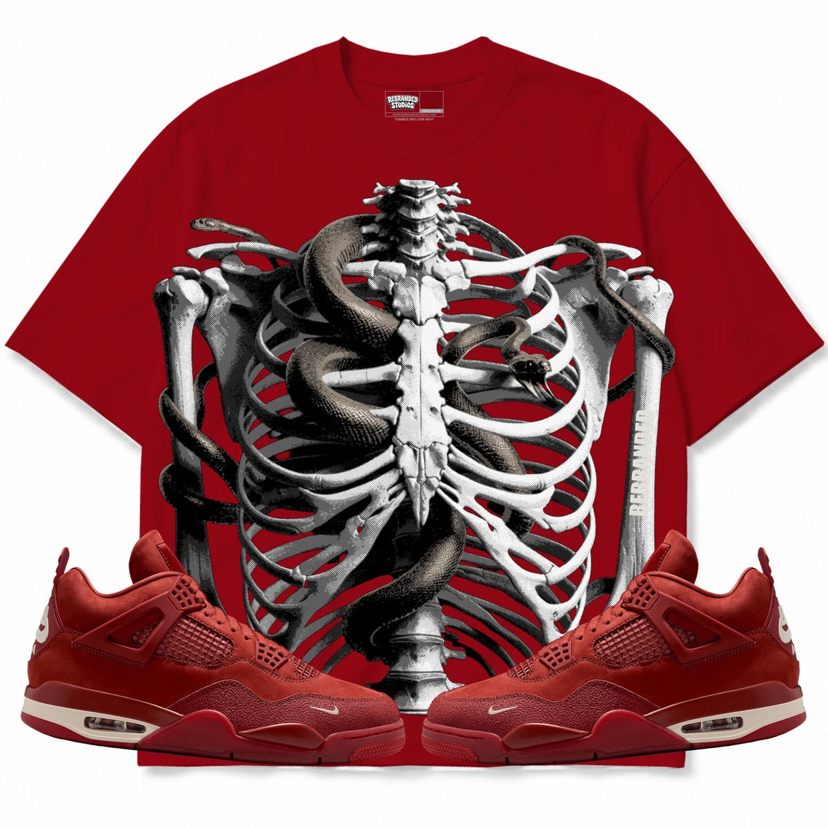 Rebranded Studios Bonez Serpent Air Jordan 4 Brick By Brick red shirt — front with sneakers