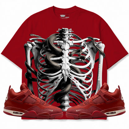 Rebranded Studios Bonez Serpent Air Jordan 4 Brick By Brick red shirt — front with sneakers