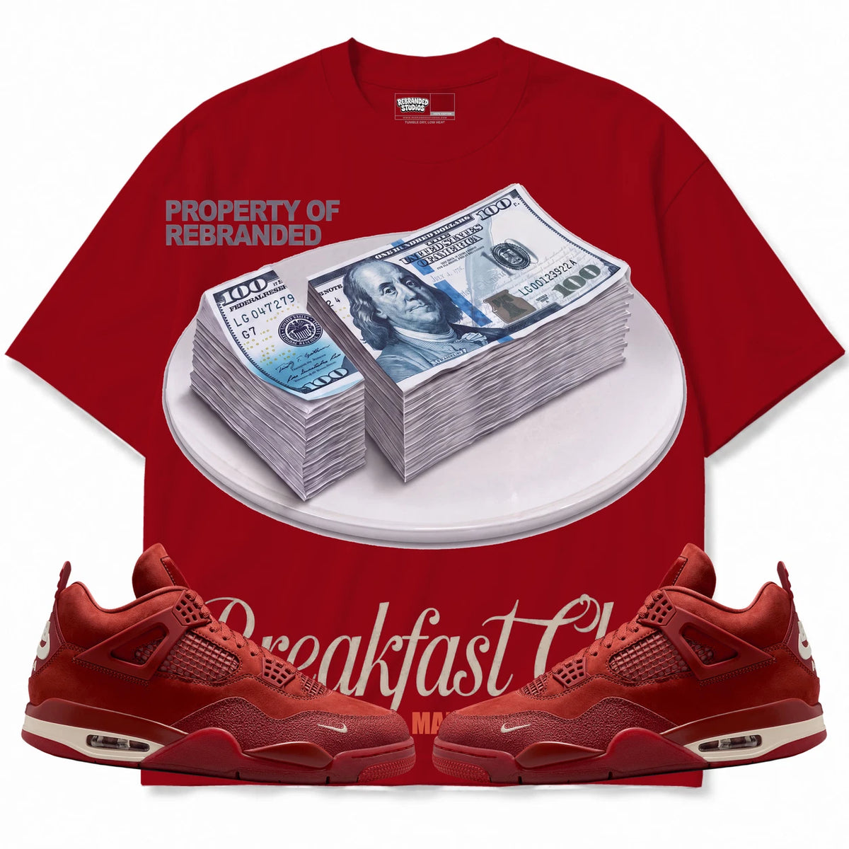 Rebranded Studios Breakfast Club Air Jordan 4 Brick By Brick red shirt — front with sneakers
