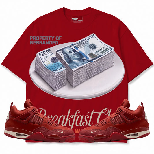 Rebranded Studios Breakfast Club Air Jordan 4 Brick By Brick red shirt — front with sneakers