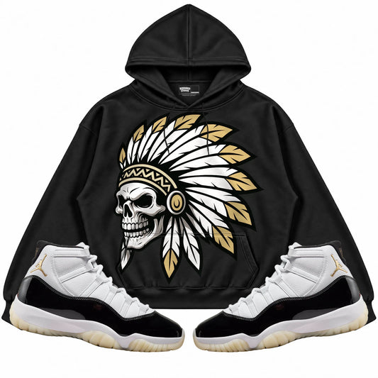 Rebranded Studios Chief 2.0 Air Jordan 11 Gratitude Black hoodie — front with sneakers