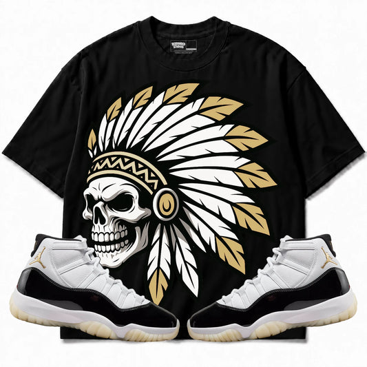 Rebranded Studios Chief 2.0 Air Jordan 11 Gratitude Black shirt — front with sneakers