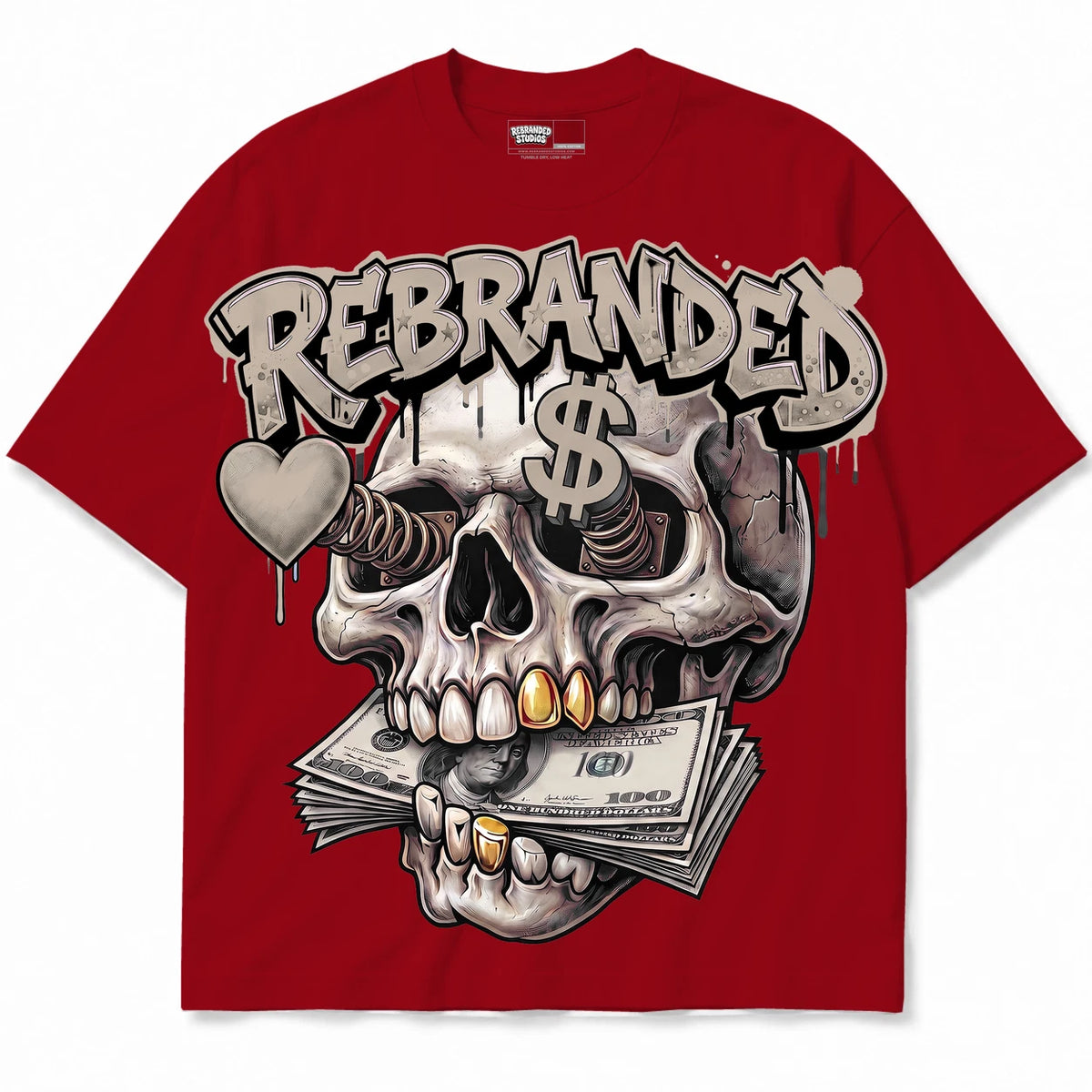 Rebranded Studios Money Lover Air Jordan 4 Brick By Brick red shirt — front