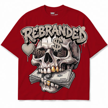 Rebranded Studios Money Lover Air Jordan 4 Brick By Brick red shirt — front
