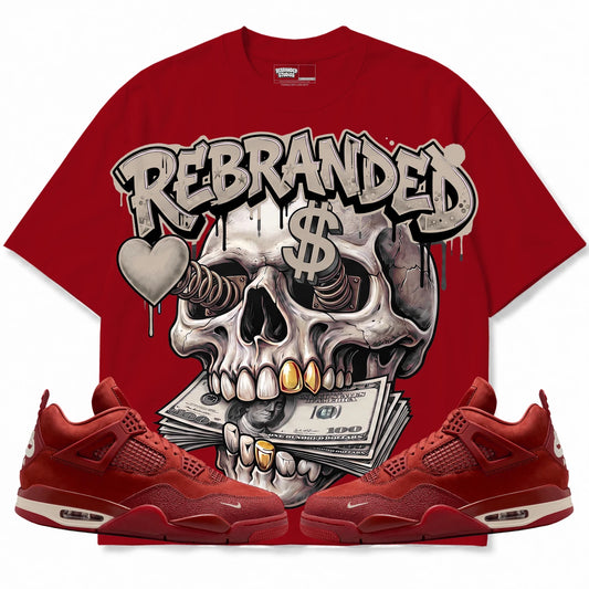 Rebranded Studios Money Lover Air Jordan 4 Brick By Brick red shirt — front with sneakers