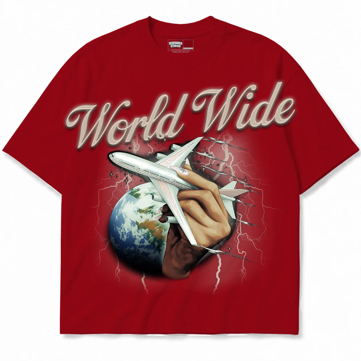 Rebranded Studios World Wide Air Jordan 4 Brick By Brick red shirt — front