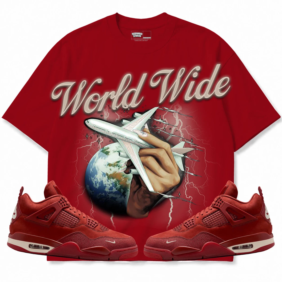 Rebranded Studios World Wide Air Jordan 4 Brick By Brick red shirt — front with sneakers