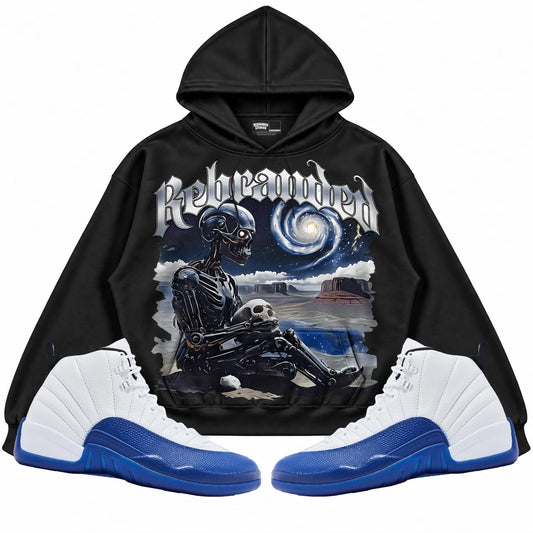 Rebranded Studios Rebranded Future Air Jordan 12 Blueberry Black hoodie — front with sneakers