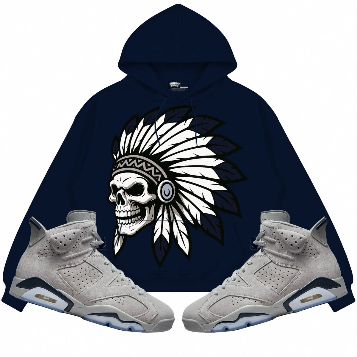 Rebranded Studios Chief 2.0 Air Jordan Retro 6 Georgetown Dark Navy Blue hoodie — front with sneakers