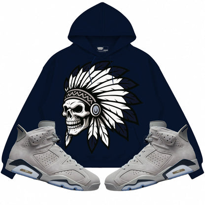 Rebranded Studios Chief 2.0 Air Jordan Retro 6 Georgetown Dark Navy Blue hoodie — front with sneakers