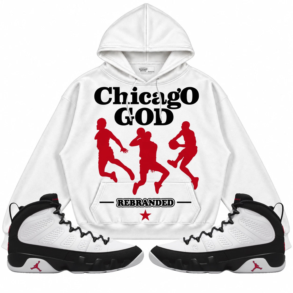 Rebranded Studios Chicago God Air Jordan 9 OG Space Jam Collection white hoodie — front with sneakers