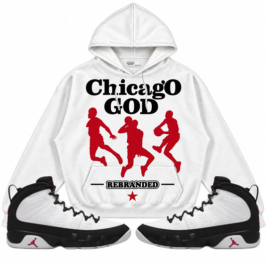 Rebranded Studios Chicago God Air Jordan 9 OG Space Jam Collection white hoodie — front with sneakers