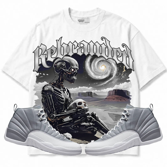 Rebranded Studios Rebranded Future Air Jordan Retro 12 Stealth White shirt — front with sneakers