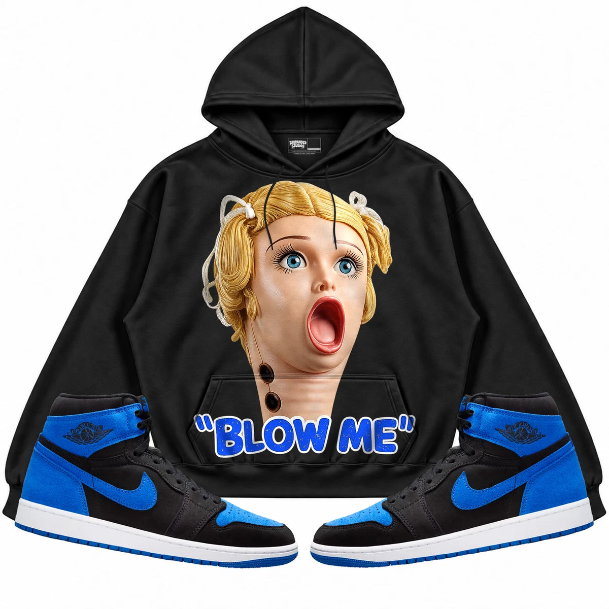 Rebranded Studios Blow Me Air Jordan 1 Royal Reimagined Black hoodie — front with sneakers