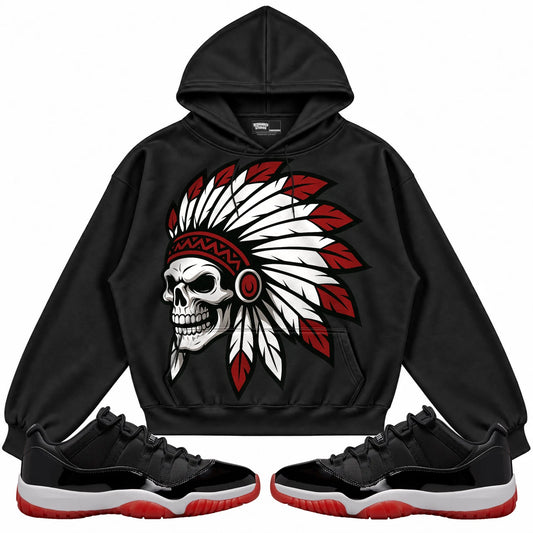 Rebranded Studios Chief 2.0 Air Jordan 11 Low Bred Black hoodie — front with sneakers