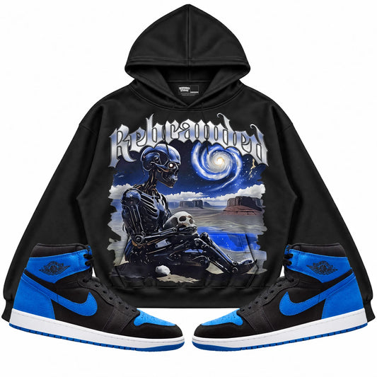 Rebranded Studios Rebranded Future Air Jordan 1 Royal Reimagined Black hoodie — front with matching sneakers
