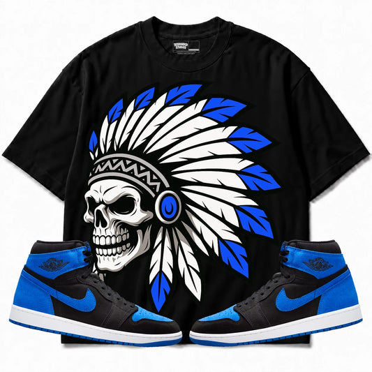 Rebranded Studios Chief 2.0 Air Jordan 1 Royal Reimagined Black shirt — front with sneakers