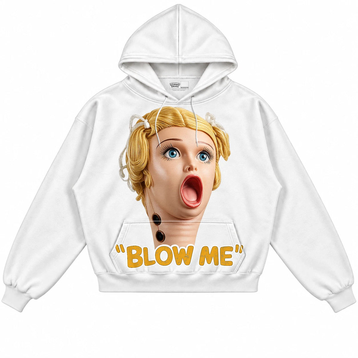 Rebranded Studios Blow Me Air Jordan 1 Retro High OG Yellow Ochre White hoodie — front without sneakers