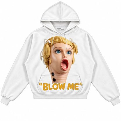 Rebranded Studios Blow Me Air Jordan 1 Retro High OG Yellow Ochre White hoodie — front without sneakers