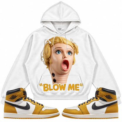Rebranded Studios Blow Me Air Jordan 1 Retro High OG Yellow Ochre White hoodie — front with matching sneakers