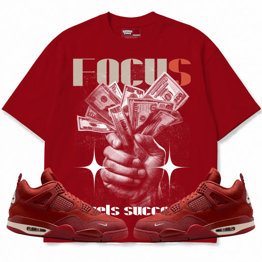Rebranded Studios Focus Fuels Success Air Jordan 4 Brick By Brick red shirt — front with sneakers