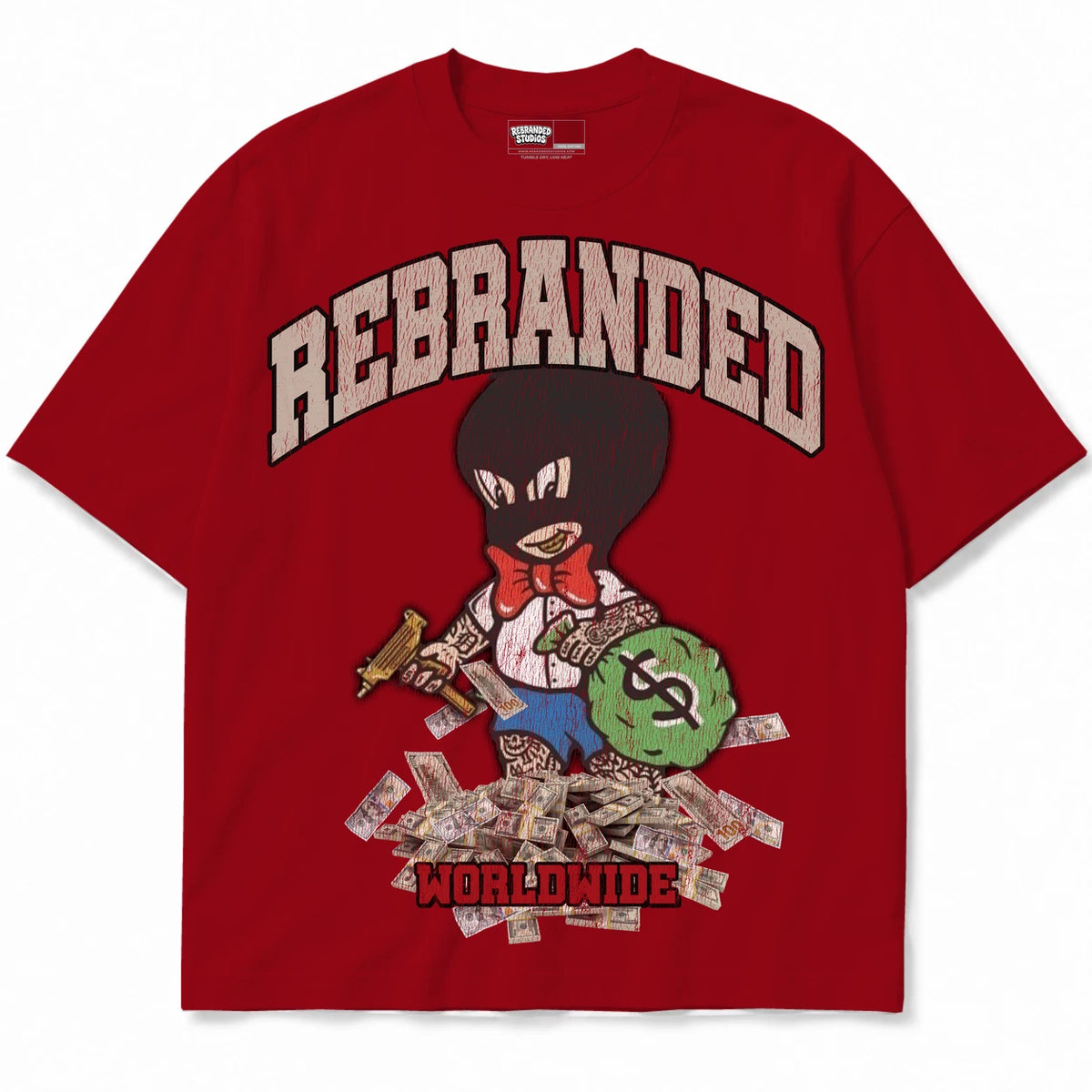 Rebranded Studios Money Man Air Jordan 4 Brick By Brick red shirt — front