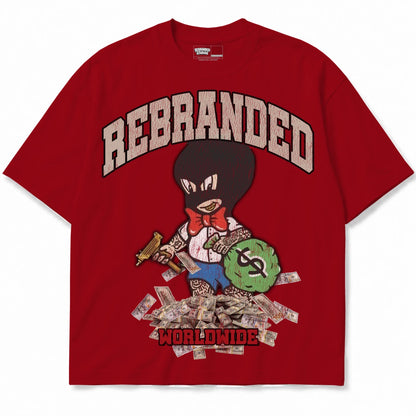 Rebranded Studios Money Man Air Jordan 4 Brick By Brick red shirt — front
